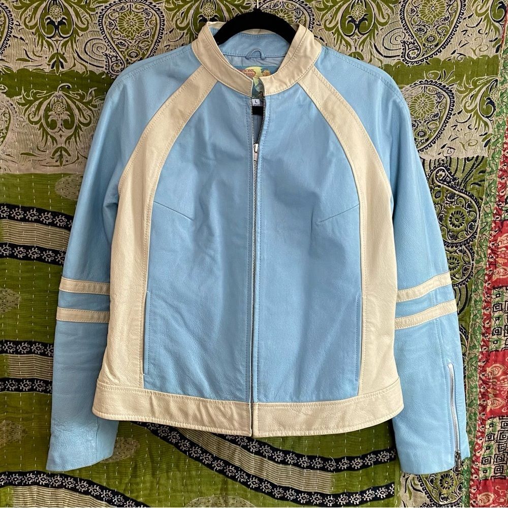 Rare VTG Y2K Wilsons Leather Baby Blue/ Cream Retro Moto Leather Jacket Large